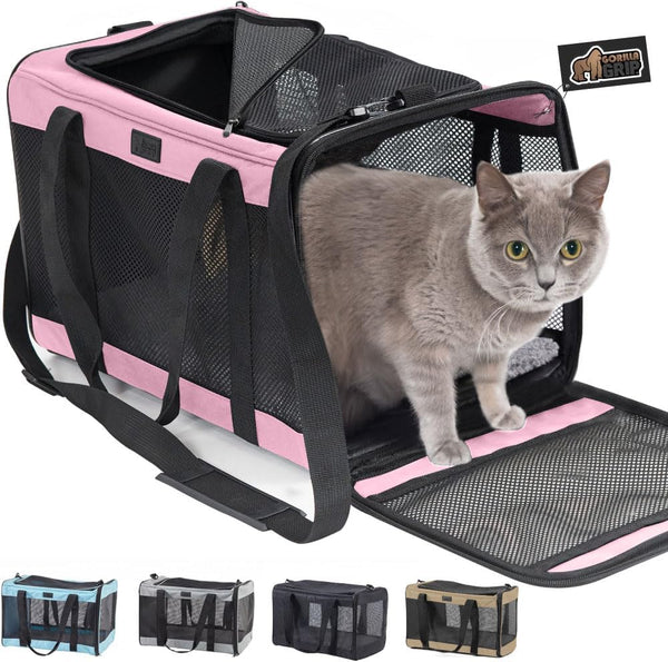Cat Carrier Travel Bag up to 15 Lbs, Soft Collapsible Small Dog Carriers, Top and Side Entry Breathable Mesh, Grip Feet on Underside, Cozy Washable Waterproof Pad, Portable Kennel, Pink
