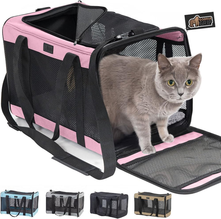 Cat Carrier Travel Bag up to 15 Lbs, Soft Collapsible Small Dog Carriers, Top and Side Entry Breathable Mesh, Grip Feet on Underside, Cozy Washable Waterproof Pad, Portable Kennel, Pink