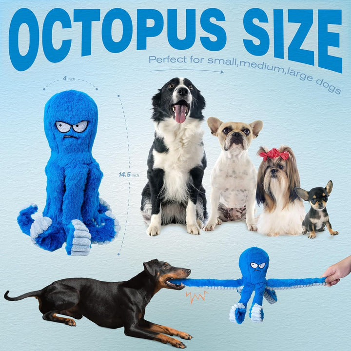 Tough Dog Toys, Stuffed Chew Large Dog Toys to Keep Them Busy, Interactive Squeaky Tug of War Doggie Toy, Crinkle Blue Octopus