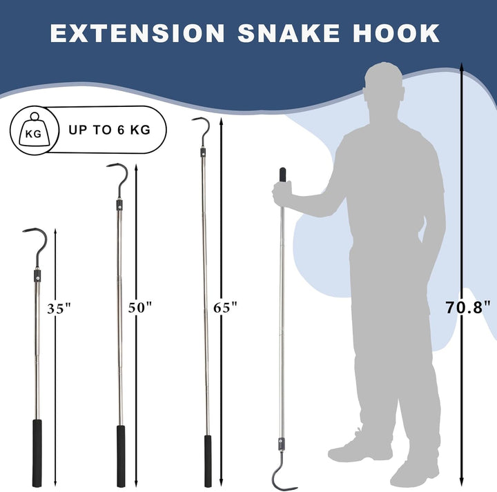 Snake Hook Heavy Duty, 35"-65" Snake Reptile Hook Rubber Tip for Rattlesnakes Ball Python Rattle Cobra Removal Non Slip Foam Handle Stainless Steel