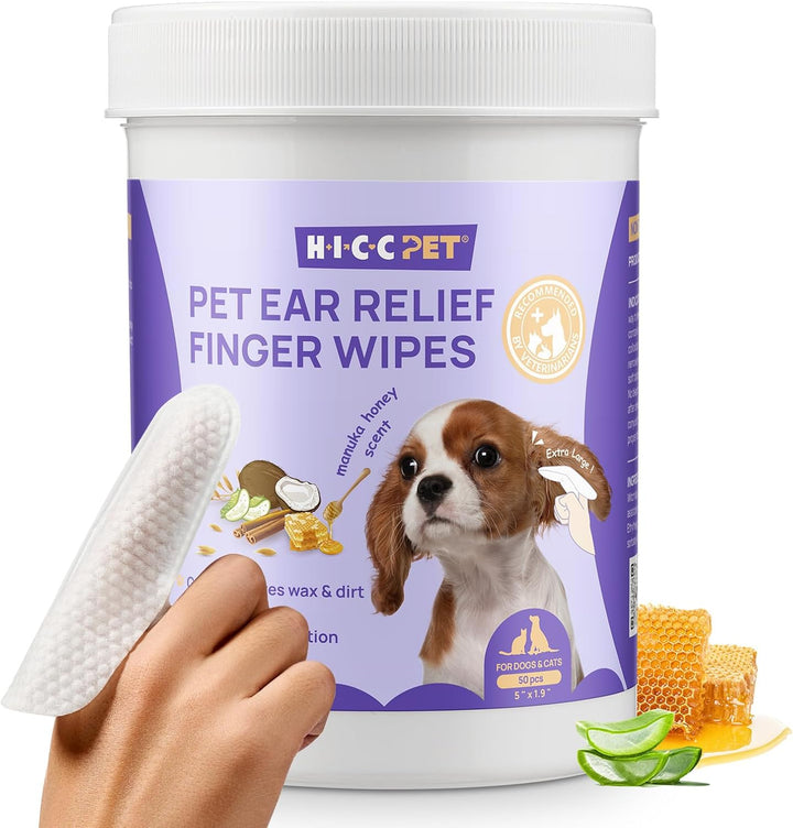Dog Ear Finger Wipes, Ear Cleaner Wipes for Dogs & Cats, Dog Ear Infection Treatment to Relief Itching & Inflammation, Remove Wax, Dirt & Stop Smelly, Non-Irritating, 50Ct(Coconut Scent)
