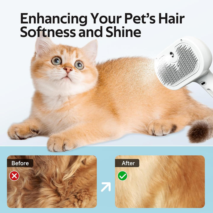 Pet Grooming Brush with Electronic Mist Spray - Gentle Deshedding Tool for Cats & Dogs, Pet Steam Brush，Reduces Shedding, Soft Bristles, Promotes Healthy Coat-Comes with a Hair Smoothing Comb-White