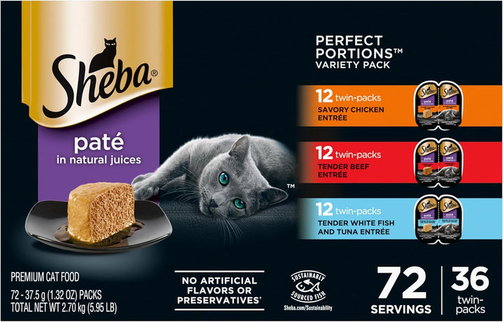 Perfect Portions Wet Cat Food Pate with Sustainable Salmon, Signature Seafood Entree, and Tender Whitefish and Tuna Entree Variety Pack, 2.6 Oz. Twin Pack Trays (24 Count, 48 Servings)