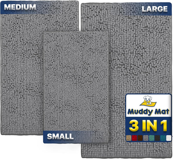 ® Pack of 3 Highly Absorbent Microfiber Dog Door Mat and Pet Rug, Non Slip Thick Washable Area Mat Soft Chenille for Kitchen Bathroom Bedroom and Outdoor - Grey Small, Medium & Large