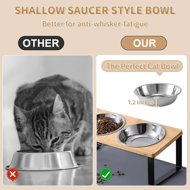 Upgraded Elevated Cat Bowls with Food Mat,15°Tilted Stand anti Vomiting Raised Cat Dishes for Food and Water,2 Stainless Steel Bowls for Cats and Puppy