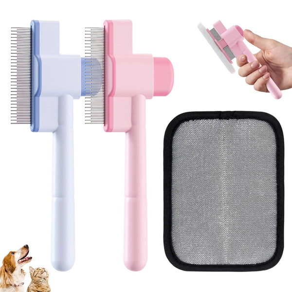 2PCS Flea Comb for Cats and Dogs with Pet Hair Remover Glove, Self Cleaning Pet Flea Cat Grooming Brush with Release Button for Massaging and Cleaning Shedding Pets Hairs