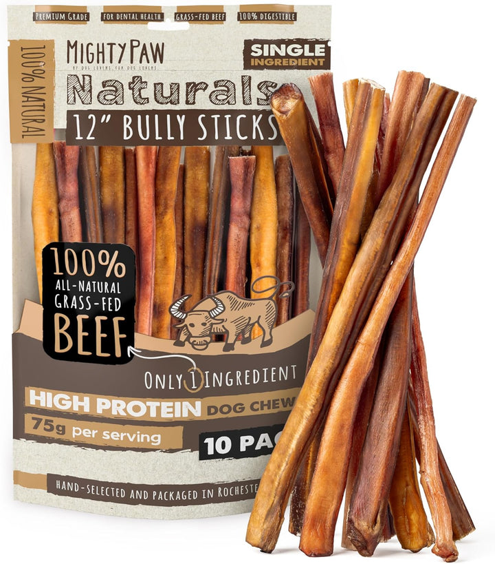 Long Lasting 12" Bully Sticks for Dogs - All Natural Grass Fed Beef Chews. Lower Odor Dog Bully Sticks for Large Dogs, Medium and Small Breeds. Single Ingredient Treats