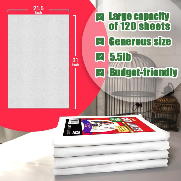 Bird Cage Liner - 120 Disposable Sheets Made from Acid-Free Newsprint. Non-Toxic for Birds, Ideal for Packing, Pet Cages, Crafts, Shipping, and Moving. Easy to Clean (31"X21.5")