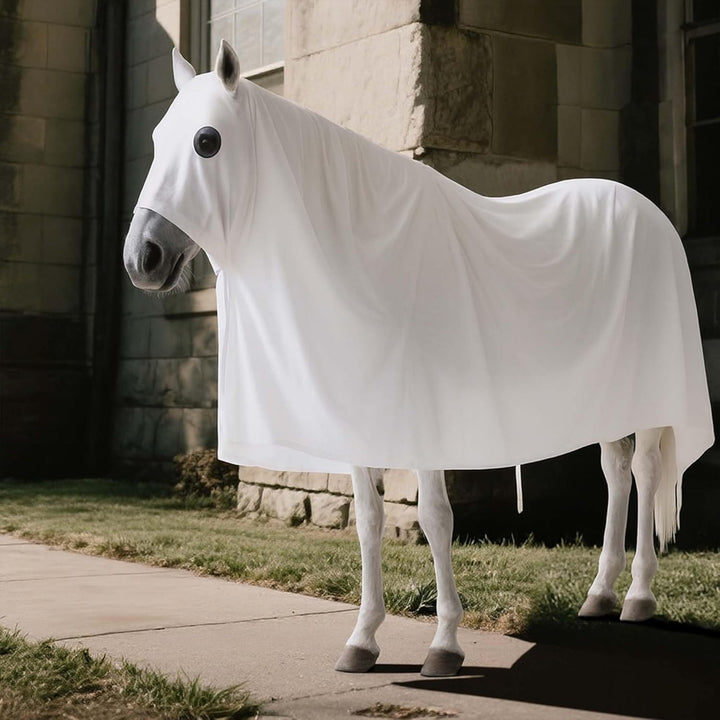 Halloween Ghost Horse Costume, Horses White Boo Ghost Cloak with Straps, Spooky Bull Ghosts Sheet Cosplay for Halloween Animal Themd Party Decoration