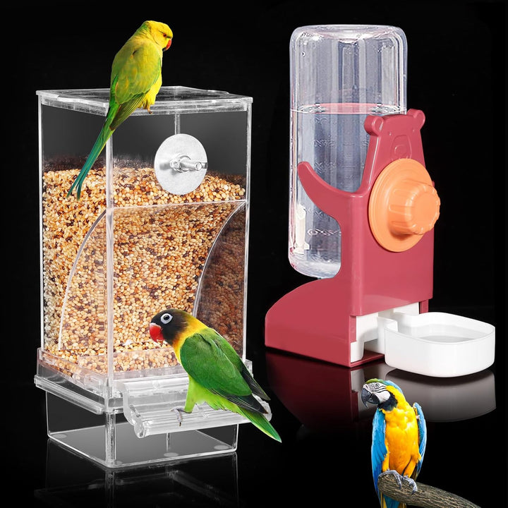No Mess Bird Feeder Water Dispenser Set, Automatic Parrot Feeder Cage Accessories, Clear Parakeet Seed Container Food Drinker for Cage, Cockatiel Finch Lovebirds Budgies Canary (Blue)