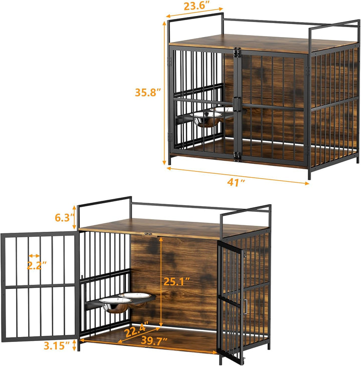 Furniture Style Large Dog Crate with 360° & Adjustable Raised Feeder for Dogs 2 Stainless Steel Bowls -End Table House Pad, Indoor Use,41" L X 24" W 36" H, Classic Brown