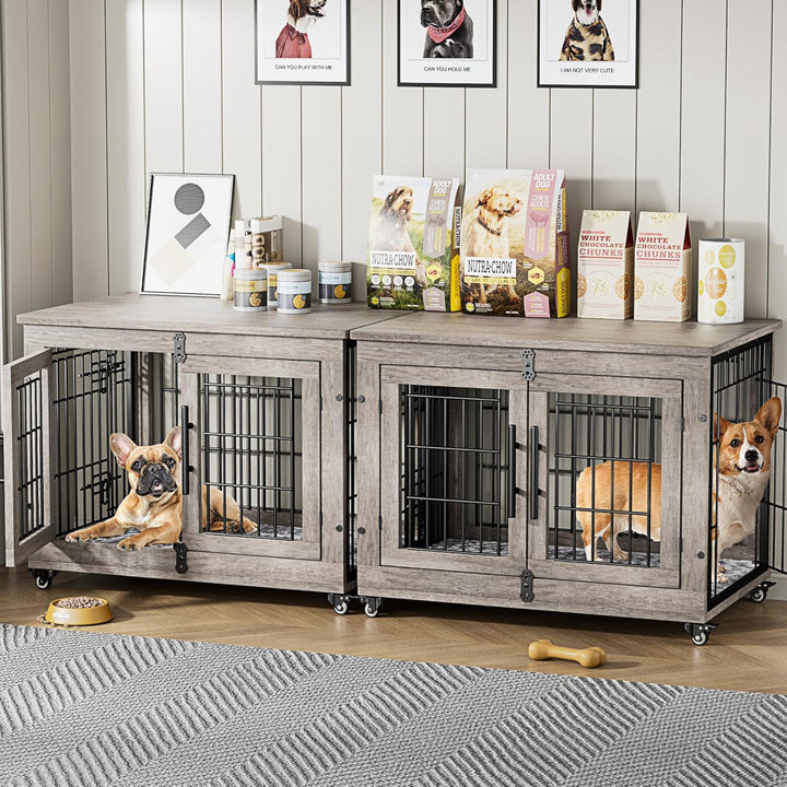 Dog Crate Furniture for Medium Dogs, 32'' Dog Kennel Indoor with Cushion & Wheels Wooden Dog Cage Double Doors Dog Crate End Table, Grey
