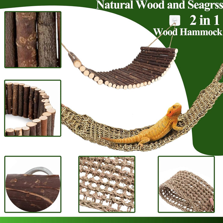 Bearded Dragon Tank Accessories, Large Reptile Bridge Hammock Flexible - Jungle Climbing Vines and Leaves with Suction Cups Habitat Décor for Hiding& Climbing Snake Gecko Lizard Chameleon