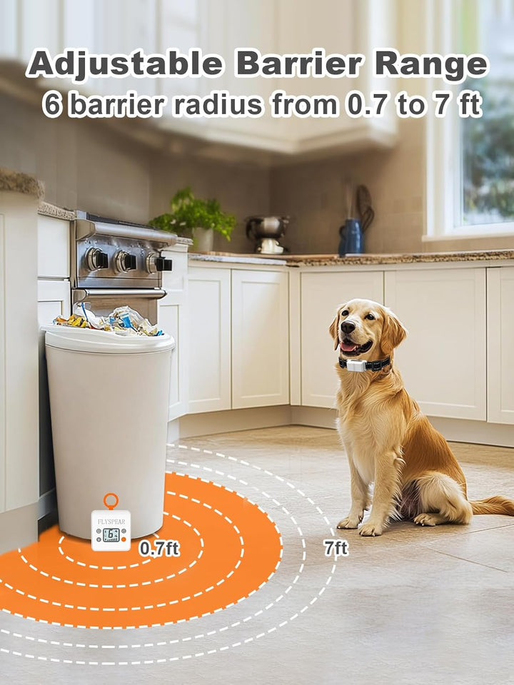 Wireless Pet Barrier - Rechargeable Indoor Barrier with 6 Adjustable Range Radius up to 7 Ft, 6 Adjustable Safe Static Intensity, Electric Fence System for Dogs with Hook (White)
