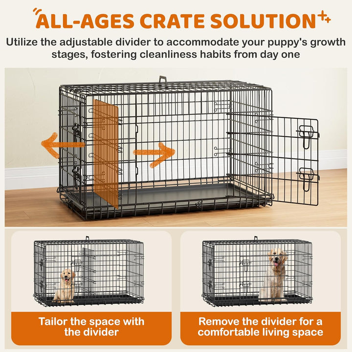 42 Inch Double Door Dog Crate W/Divider for Puppy to Adult XL Collapsible Metal Crate with Removable Tray Wire Dog Kennel for Large Dogs Portable Travel Cage, Black