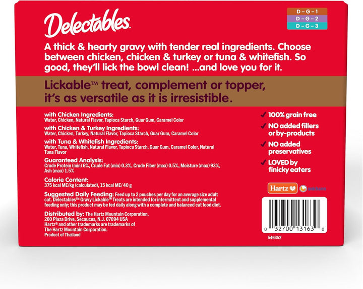 New! Delectables Lickable Treat Gravy Variety Wet Cat Treat & Food Topper, Food Topper, Hydrating, Grain-Free, No Fillers, No By-Products, No Added Preservatives, 1.4Oz Pouch, 30 Pack