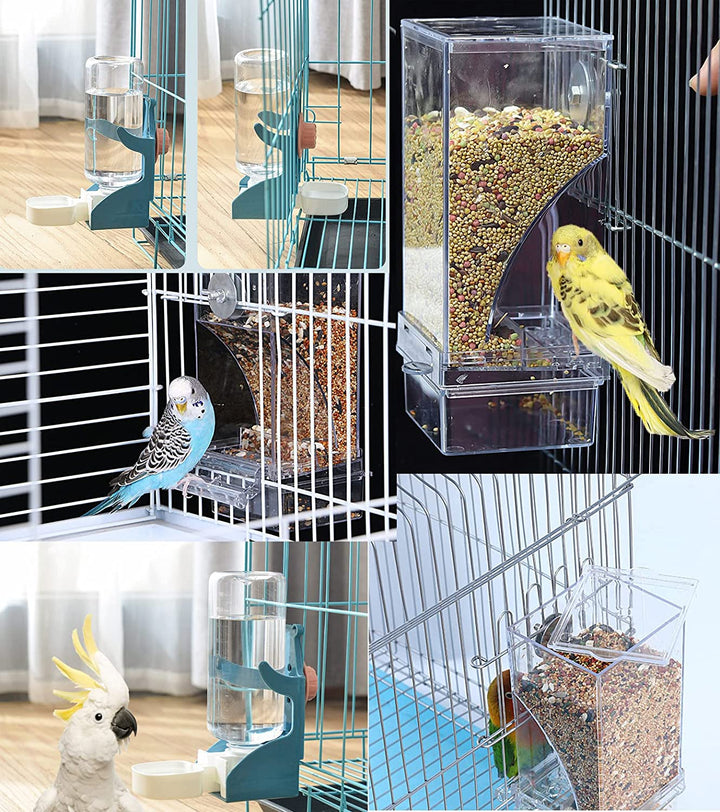 No Mess Bird Feeder Water Dispenser Set, Automatic Parrot Feeder Cage Accessories, Clear Parakeet Seed Container Food Drinker for Cage, Cockatiel Finch Lovebirds Budgies Canary (Blue)