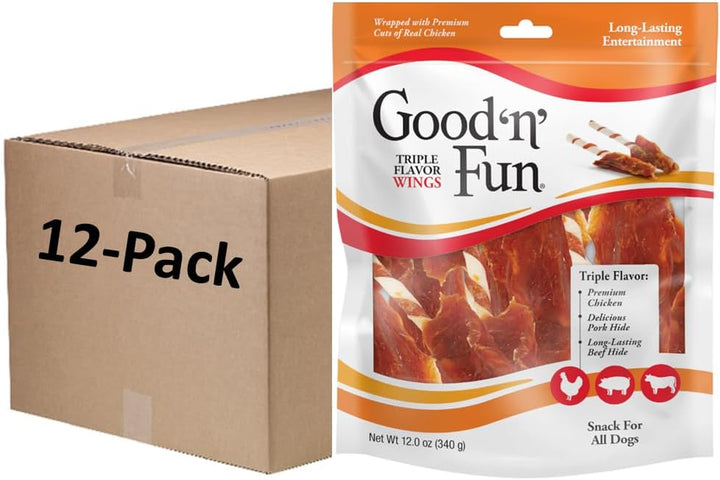 Good ‘N’ Fun Triple Flavor Wings Chews for All Dogs, 12 Ounces, Treat Your Dog to Long-Lasting Chews Made with Chicken, Pork Hide and Beef Hide