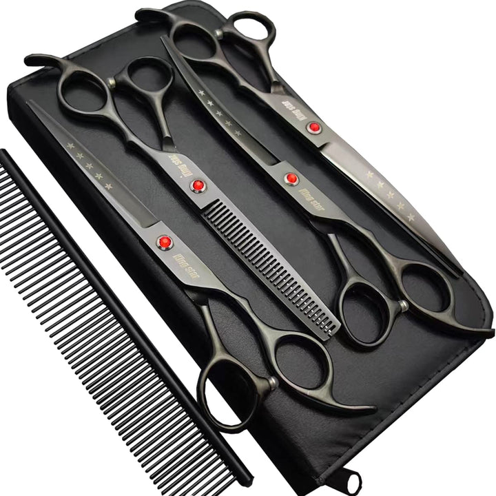 7.0In Titanium Black Professional Pet Grooming Scissors Set,Straight & Thinning & Curved Scissors 4Pcs Set for Dog Grooming,(Black)