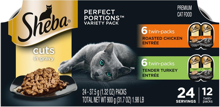 Perfect Portions Wet Cat Food Cuts in Gravy Variety Pack, Roasted Chicken Entree, with Sustainable Salmon, and Tender Turkey Entree, 2.6 Oz. Twin-Pack Trays (24 Count, 48 Servings)