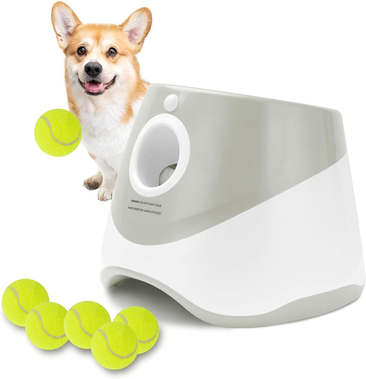 Dog Ball Thrower Launcher, Indoor/Outdoor Automatic Ball Launcher for Small and Medium-Sized Dogs, Includes 6 Mini Tennis Balls and a Data Line, Grey