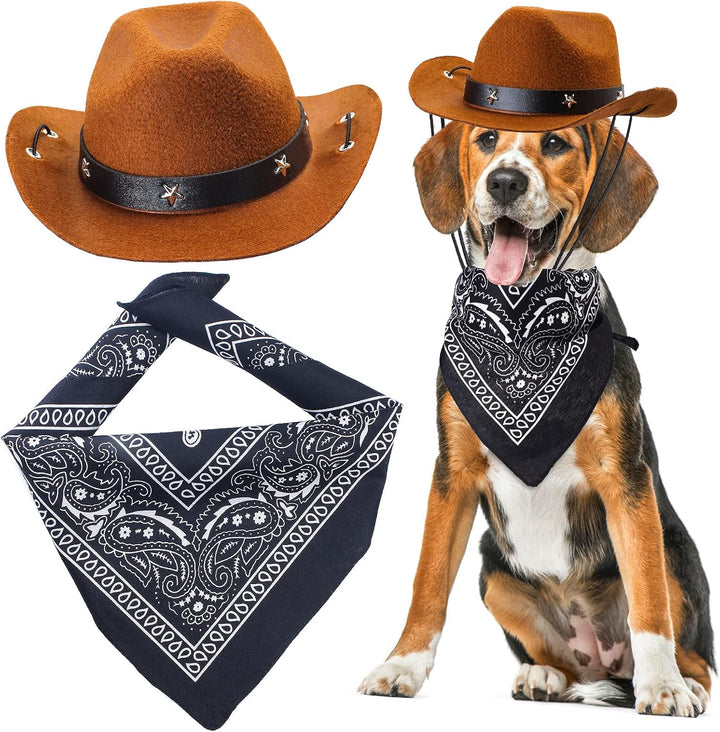 Pet Cowboy Costume Accessories - Dog Cat Pet Size Cowboy Hat and Bandana Scarf West Accessories for Puppy Kitten Party Festival and Daily Wearing Set of 2 (Coffee)