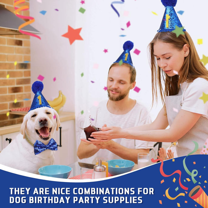 Dog Birthday Party Supplies Birthday Boy Girl Cake Bandana Triangle Scarf Party Hat Dog Bow Tie Collar with Numbers for Large Medium Small Dog Puppy 1St Birthday(Elegant Style,Medium)