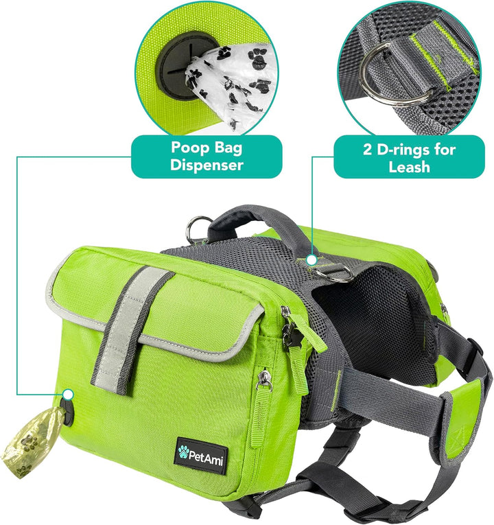 Dog Backpack for Medium & Large Dogs, Saddle Bag for Dogs to Wear for Hiking, Pet Backpack Harness Dog Pack with Reflective Side Pockets for Walking Running