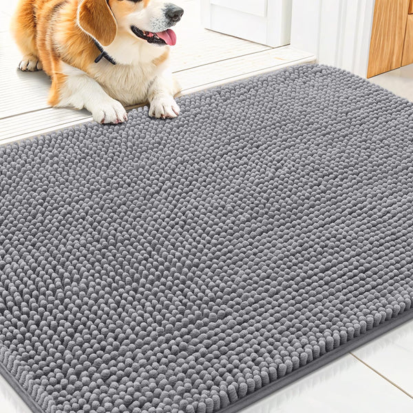 Dog Door Mat for Muddy Paws 30X20, Absorbs Moisture and Dirt Doormat, Non-Slip Washable Quick Dry Chenille Front Door Mat Indoor Entrance, Entryway Carpet for inside Floor, Grey