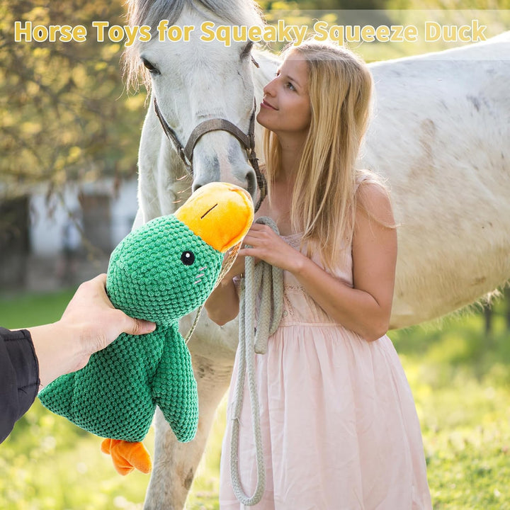 Horse Toys Squeaky Squeeze Plush Duck, Interactive Squeaky Duck Toy for Horses to Play With, Hanging Plush Enrichment Toys for Horses Goat to Prevent Boredom-Green