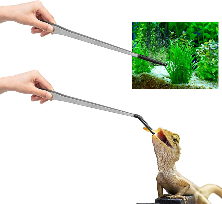 2 Pcs Extra Long Stainless Steel Reptile Feeding Tongs with Rubber Tip Bearded Dragon Aquarium Straight and Curved Long Tweezer Terrarium Feeder Tool for Tank(Silver, 10 Inch, 10.5 Inch)
