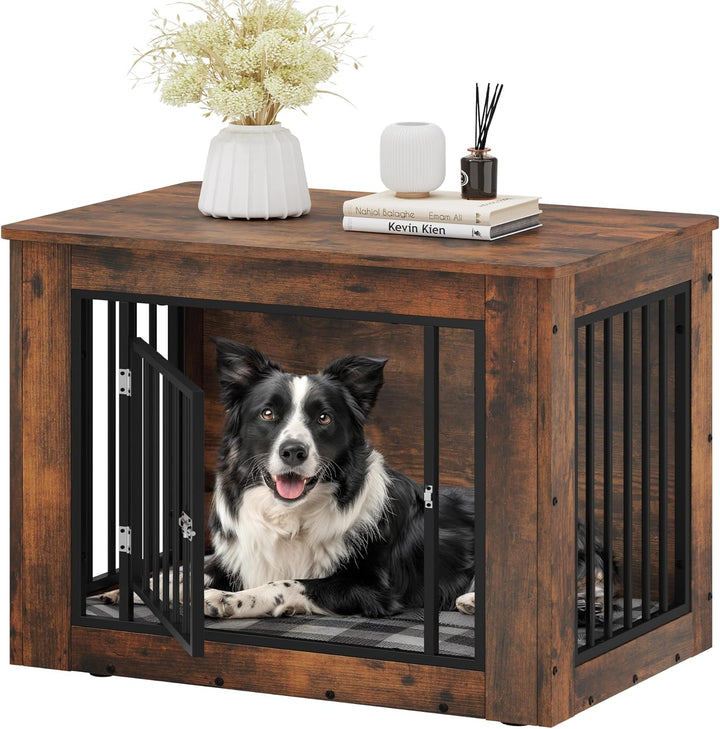 27.2" L Dog Crate Furniture for Medium Dogs, 2-In-1 Iron-Wood Fusion Dog Cage Indoor up to 30 Lb, Side End Table, Modern Dogs Kennel with Waterproof Top, Safety Corners,Steel Lock,Rustic