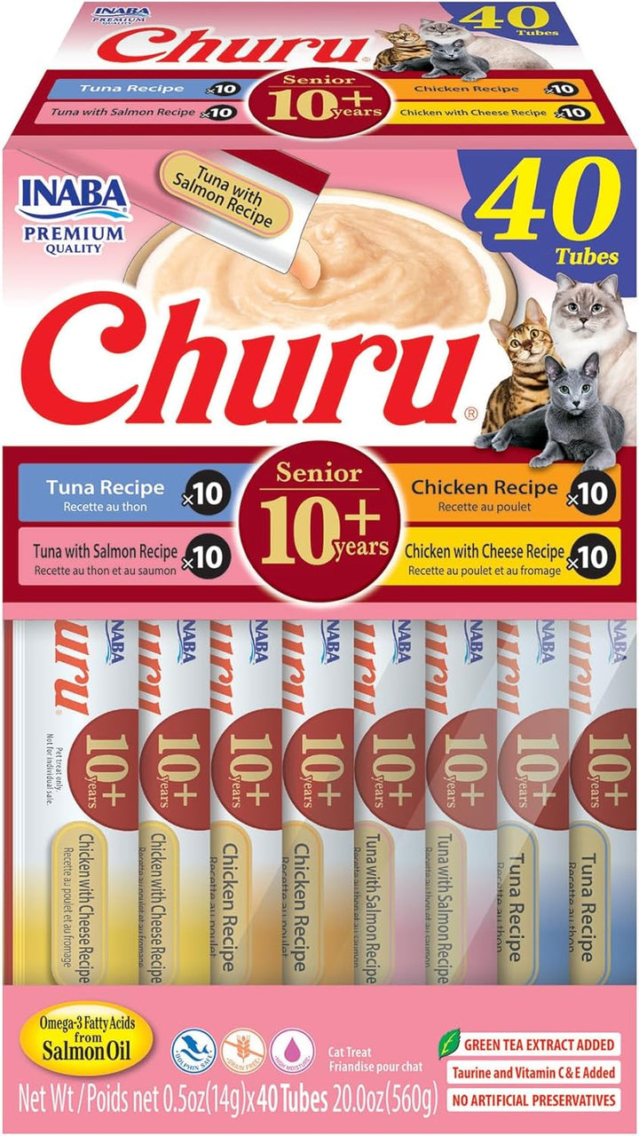 Churu for Senior 10+, Creamy Lickable Cat Treats with Taurine, Vitamin E & C, 0.5 Ounces Each, 60 Tubes, Tuna & Chicken Variety