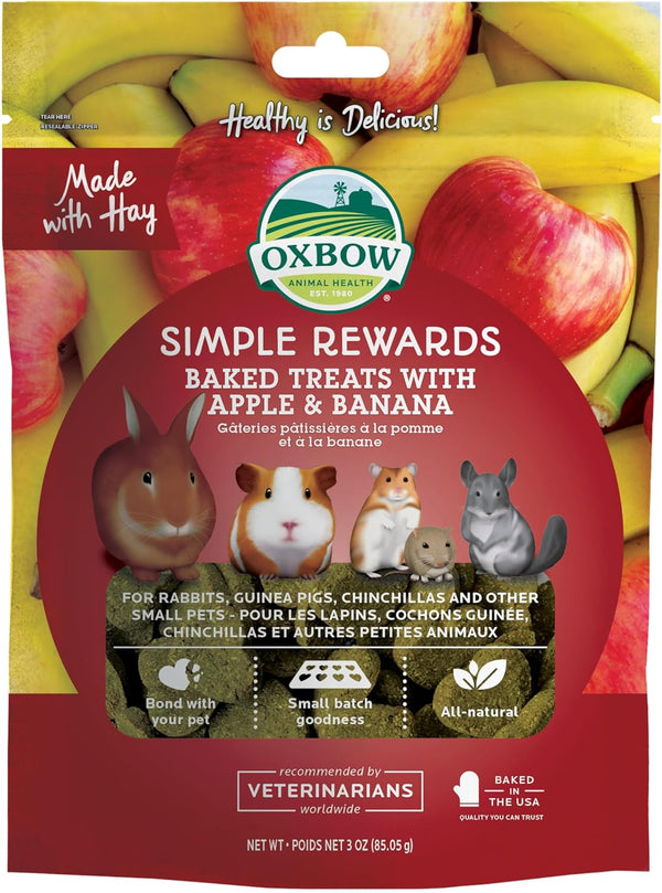 Animal Health Simple Rewards Apple Banana Treats, Timothy Hay Guinea Pig & Bunny Treats, Pet Snack, Made with  Guinea Pig Hay, Made in USA, Timothy for Rabbit, 3 Oz Bag