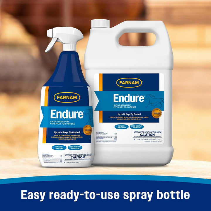 Endure Sweat-Resistant Fly Spray for Horses, Lasts up to 14 Days, Protects against Flies, Gnats, Mosquitoes, Ticks & Lice, 32 Oz.