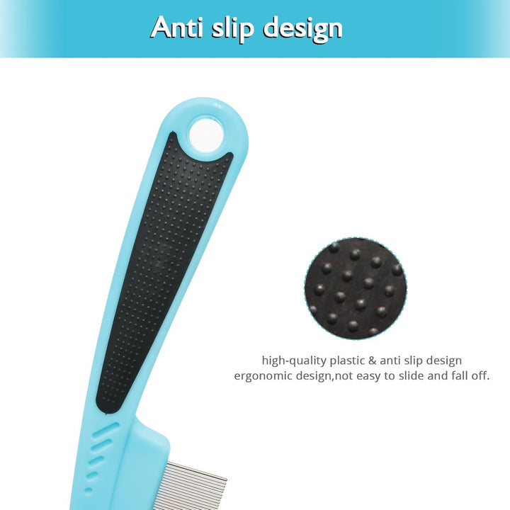 Flea Comb for Dogs and Cats - Lice Comb with Rubber Handle - Promotes Hair Growth and Removes Loose Hair, Knots, and Flakes Flea Brush for Pets (Blue)