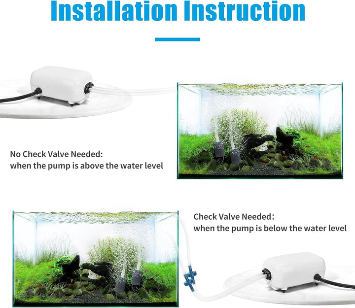 Aquarium Air Pump, Fish Tank Air Bubbler, Adjustable Dual-Outlet Hydroponic Oxygen Aerator with Air Stones, Airline Tubing, Check Valves