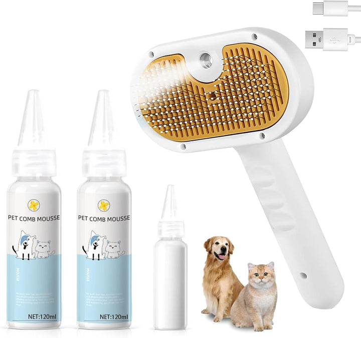 Pet Steam Brush for Dog & Cat – 3-In-1 Spray Hair Removal Comb – Steam for Shedding & Grooming – Water Brush for Long & Short Haired Pets – Spritz Defur Comb – Includes Waterless Shampoo
