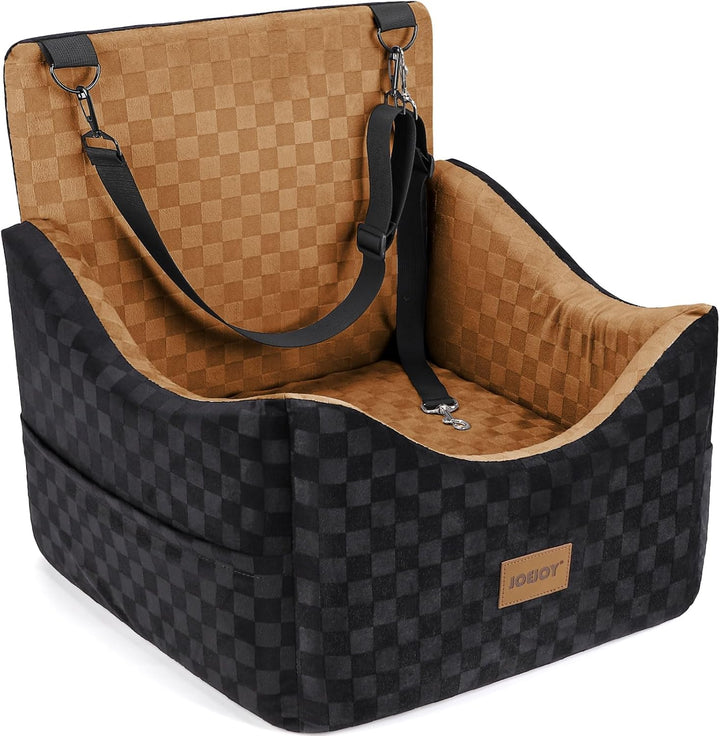 Elevated Dog Car Seat for Small/Medium Dogs up to 35 Lbs, Memory Foam Pet Booster Seat with Detachable Washable Cover, Portable Travel-Safe Bed for Cars with Safety Belts and Storage Pockets