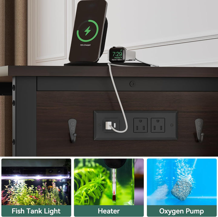 40-50 Gallon Fish Tank Stand with Power Outlet, 40X18 Inch Metal Aquarium Stand with 3-Tier Adjustable Storage Shelves and Hooks, 700LBS Capacity, Black