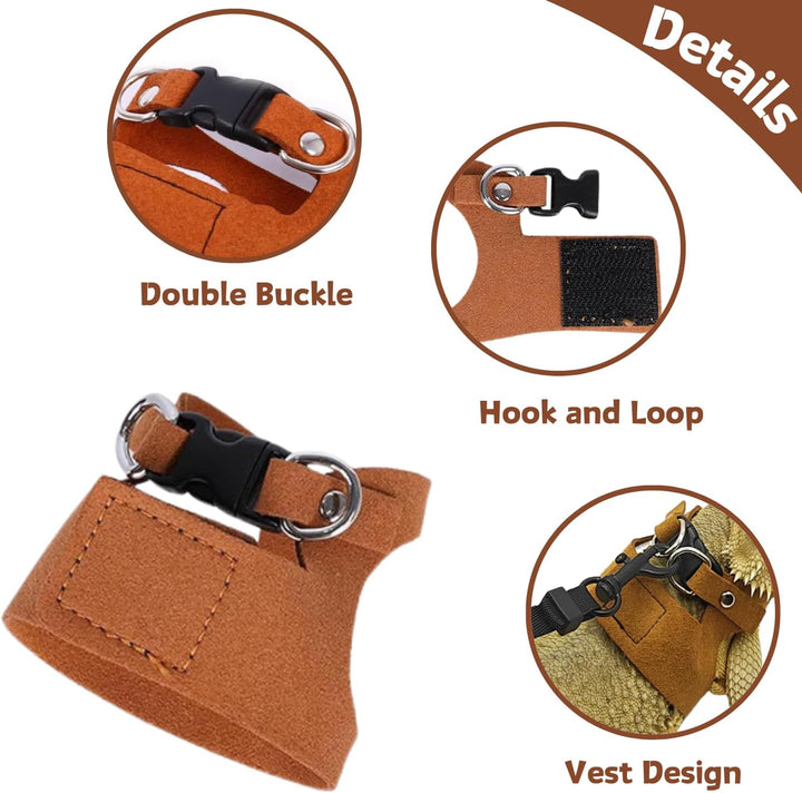 3 Pack Bearded Dragon Harness and Leash Set - Adjustable Soft Leather Lizard Harness Leash Small Animal Traction Rope Training Walking Vest Accessories for Reptile Squirrel Rat (Brown)