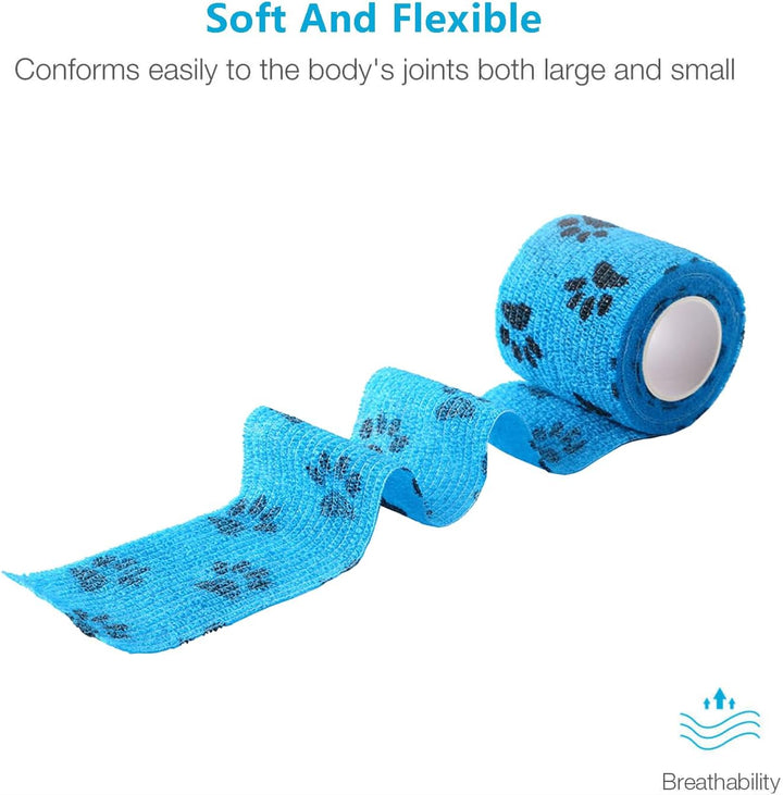 Pet Wrap, Self-Adhesive, Only Sticks to Itself, Non-Woven Tape for Dog Legs, Paws, Wounds, First Aid Cohesive Gauze for Horse, Cat, Bird, Animal, 6 Rolls, 2 Inch, Pawprints A