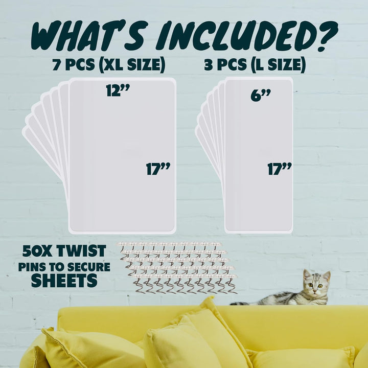 Anti Cat Scratch Furniture Protector, 10-Pack Couch Protector from Cat Claws - Heavy-Duty, Easy-To-Apply Scratching Deterrent and Shield for Sofa Corners, Walls, Doors- with 50 Twist Pins