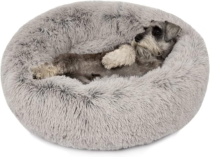 Donut Dog Bed Faux Fur Fluffy Calming Sofa for Medium Dogs, Soft & Plush anti Anxiety Pet Couch for Dogs, Machine Washable Coco Pet Bed with Non-Slip Bottom, 30"X30"X7" Ivory