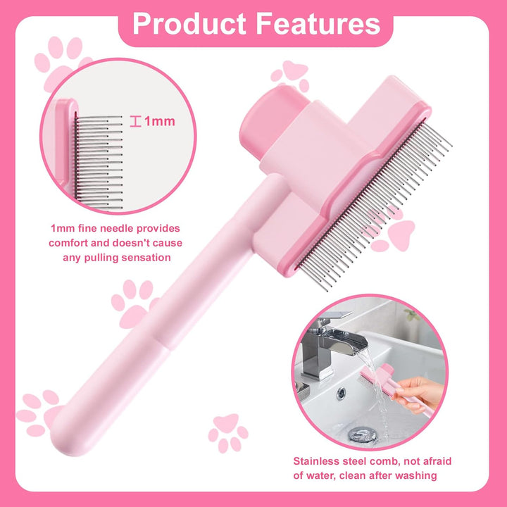 2PCS Flea Comb for Cats and Dogs with Pet Hair Remover Glove, Self Cleaning Pet Flea Cat Grooming Brush with Release Button for Massaging and Cleaning Shedding Pets Hairs