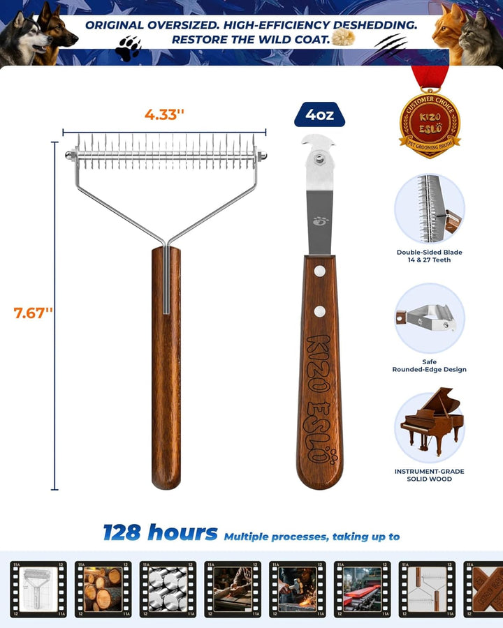 Extra Large 2-Sided Undercoat Rake for Dogs & Cats, Dog Brush for Shedding Remove Mats, Dematting Comb, Safe&Gentle Grooming Brush for German Shepherds Medium to Long-Haired Pets,Premium Wooden Handle