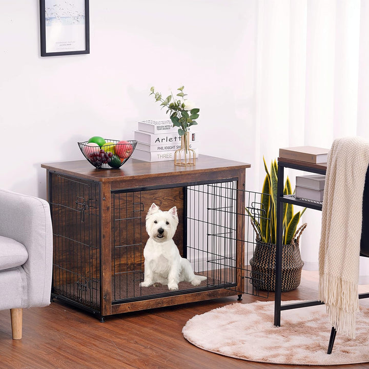 Dog Crate Furniture with Cushion, Wooden Kennel Table with Double Doors, Indoor Dog House, Small/Medium/Large/Extra Large Size, 27.2" L, Rustic Brown