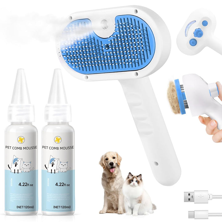 Pet Steam Brush for Dog & Cat - 3-In-1 Steam Grooming Brush for Shedding & Hair Removal - Self Cleaning Spray Comb with Mist for Long Haired Pets - Includes 1*Waterless Shampoo, Blue