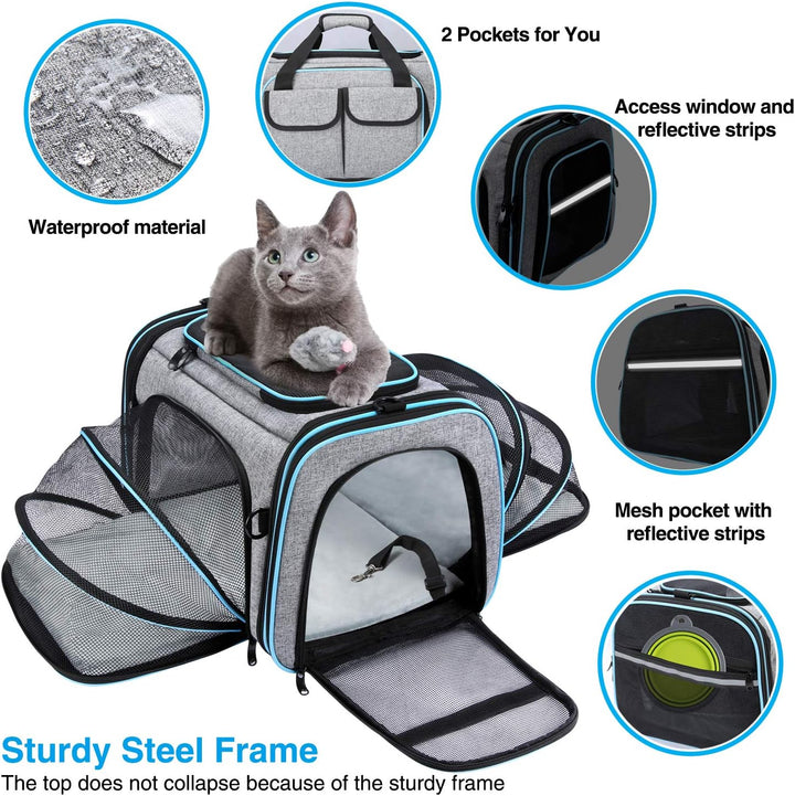 Airline Approved Pet Carrier, Large Soft Sided Pet Travel TSA Carrier 4 Sides Expandable Cat Collapsible Carriers with Removable Fleece Pad and Pockets for Cats Dogs and Small Animals