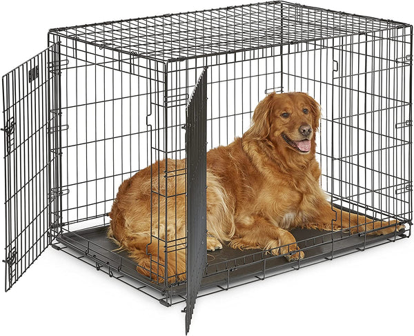 42-Inch Two-Door Icrate Folding Dog Crate with Divider Panel, Leak-Proof Tray & Secure Latches – Metal Wire Kennel for Large Breeds – Portable, Durable & Easy to Assemble
